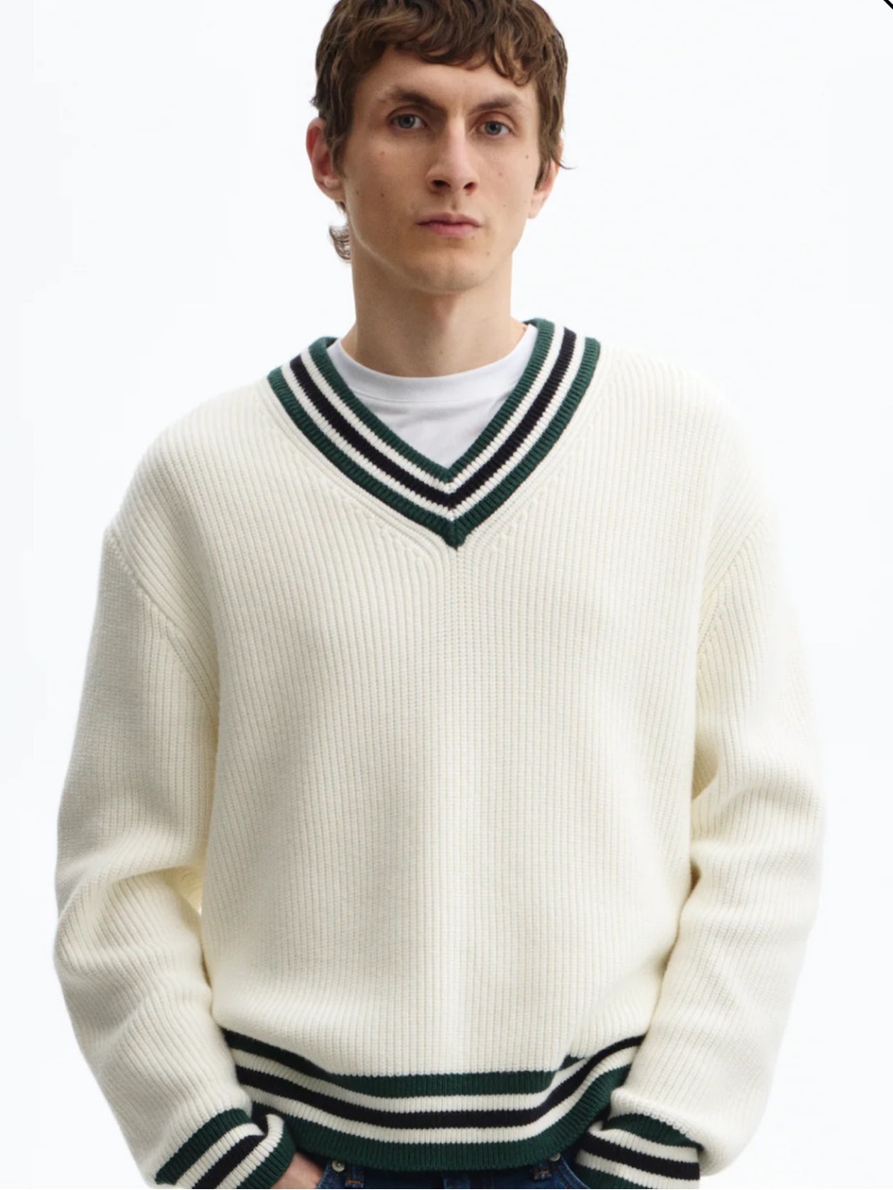 Men's Cream V-Neck Sweater with Green Stripe Trim